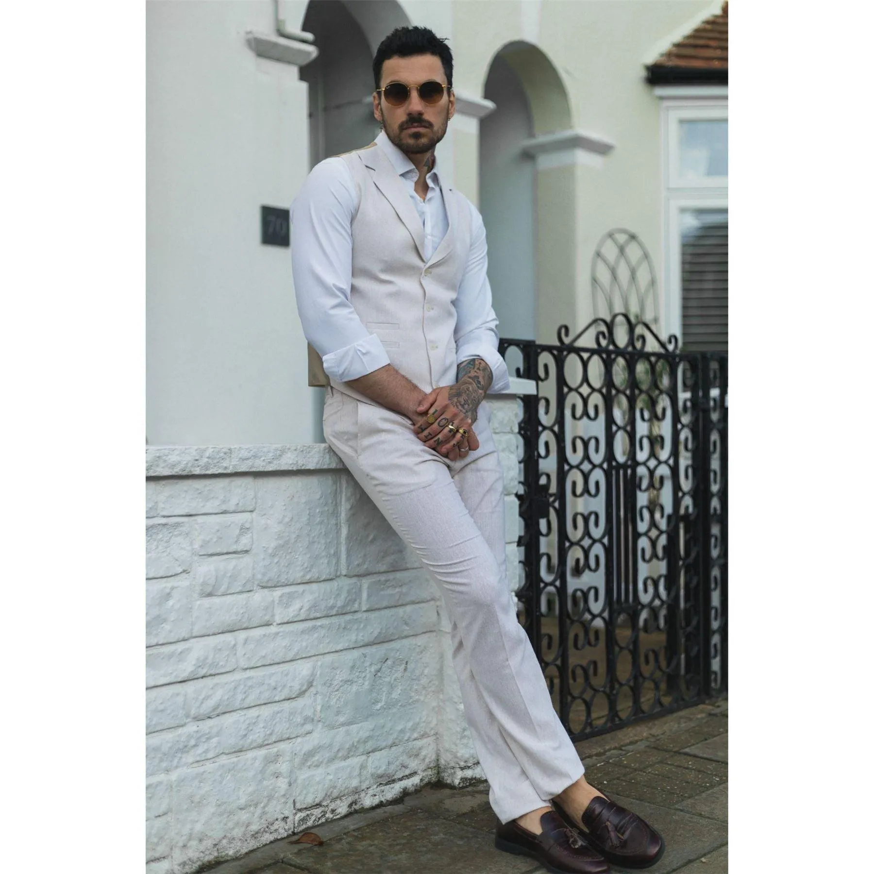 Mens Summer Suit Waistcoat Trousers Linen Smart Formal Cream Beige Wedding