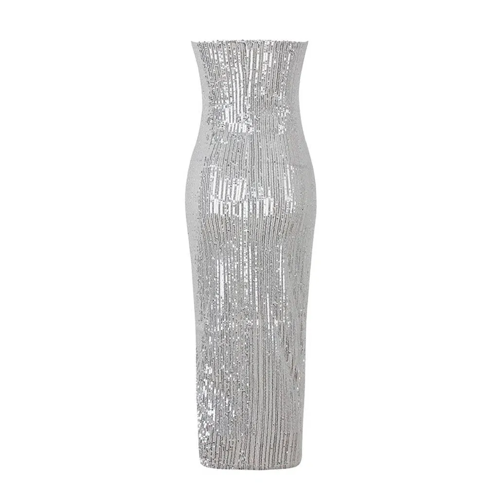 Mirelisse – Asymmetric hemline – Deep V sparkle dress