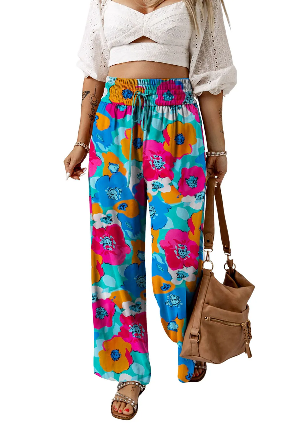Multicolor Abstract Floral Print Drawstring Wide Waistband Pants