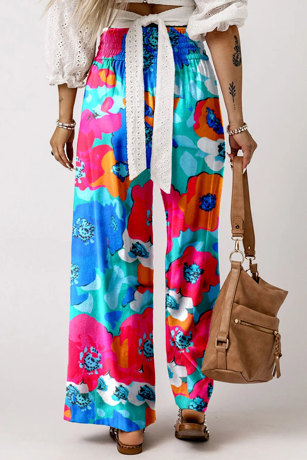 Multicolor Abstract Floral Print Drawstring Wide Waistband Pants
