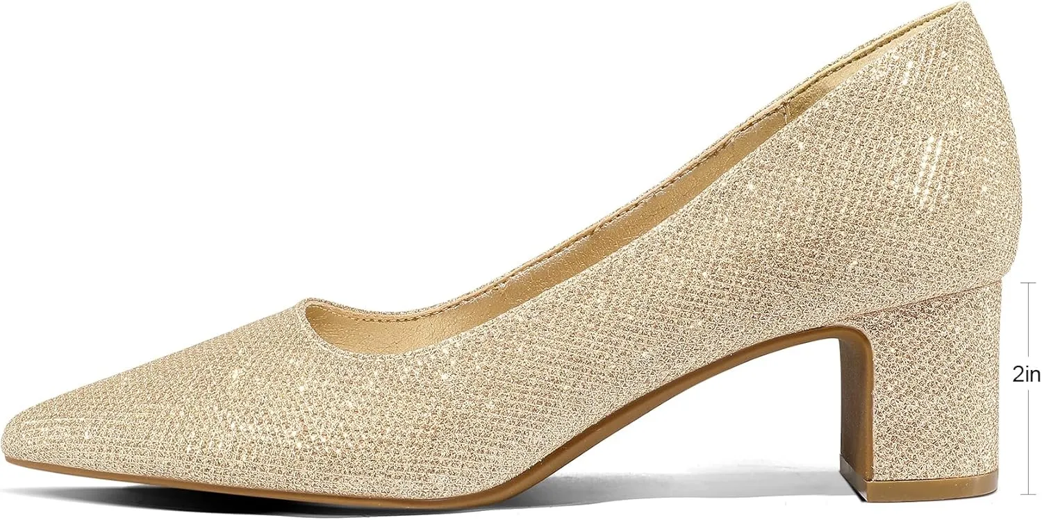 mysoft Women's Pointed Toe Pumps 2 Inch Chunky Block Low Heels Dressy Shoes Slip On Pumps