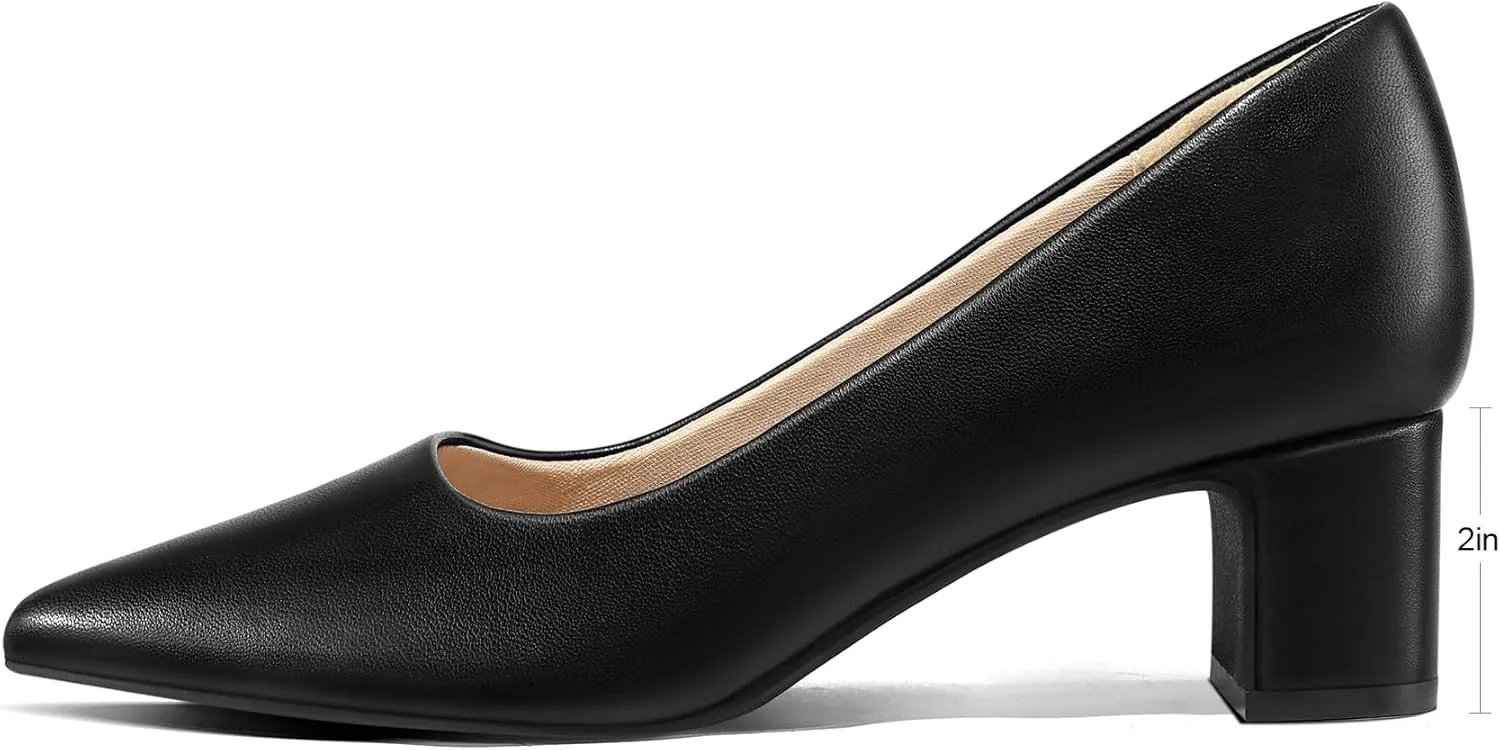 mysoft Women's Pointed Toe Pumps 2 Inch Chunky Block Low Heels Dressy Shoes Slip On Pumps