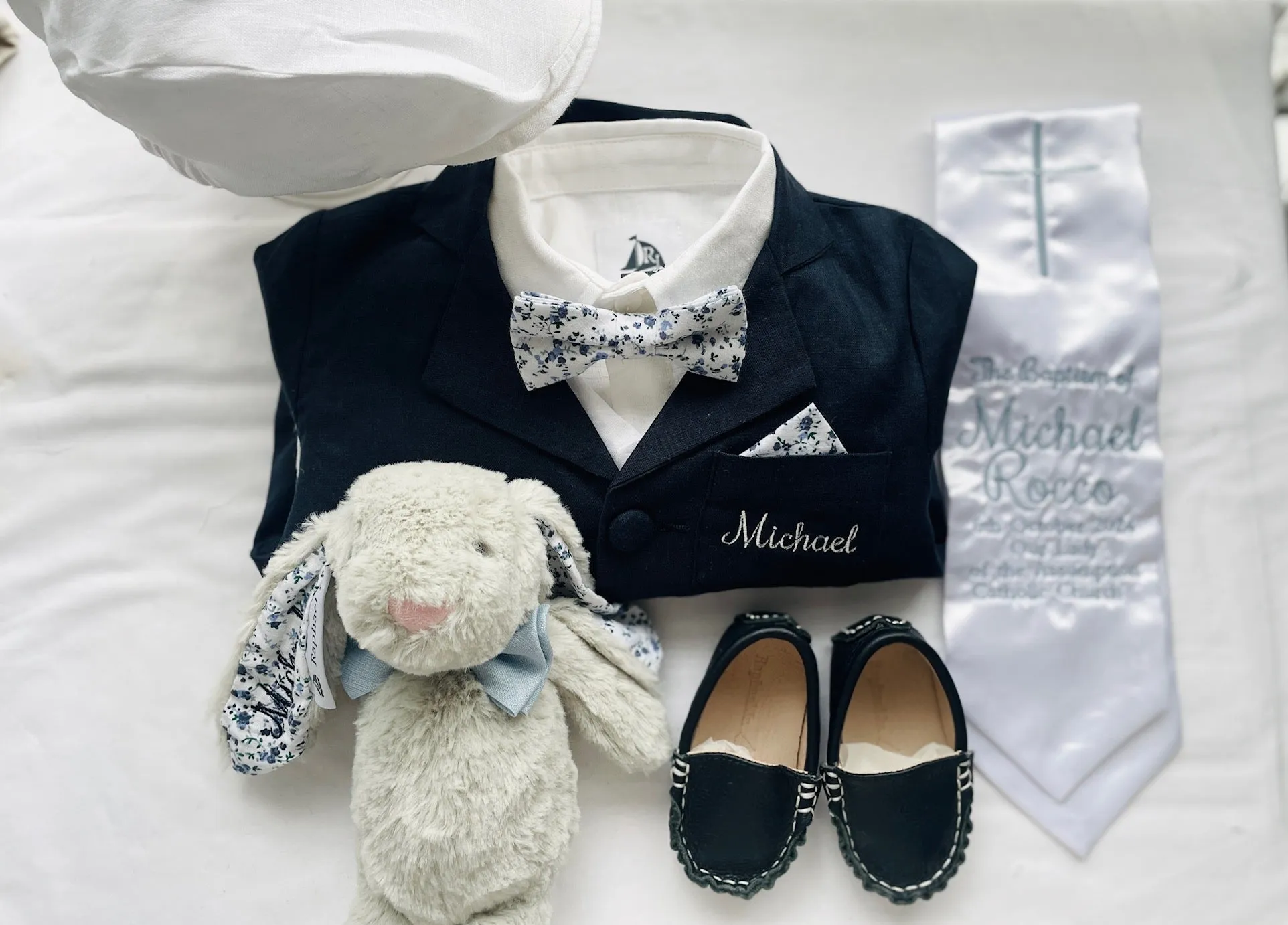 Navy blue and beige linen baby and toddler boys formal baptism or wedding suit with accessories and optional personalisation