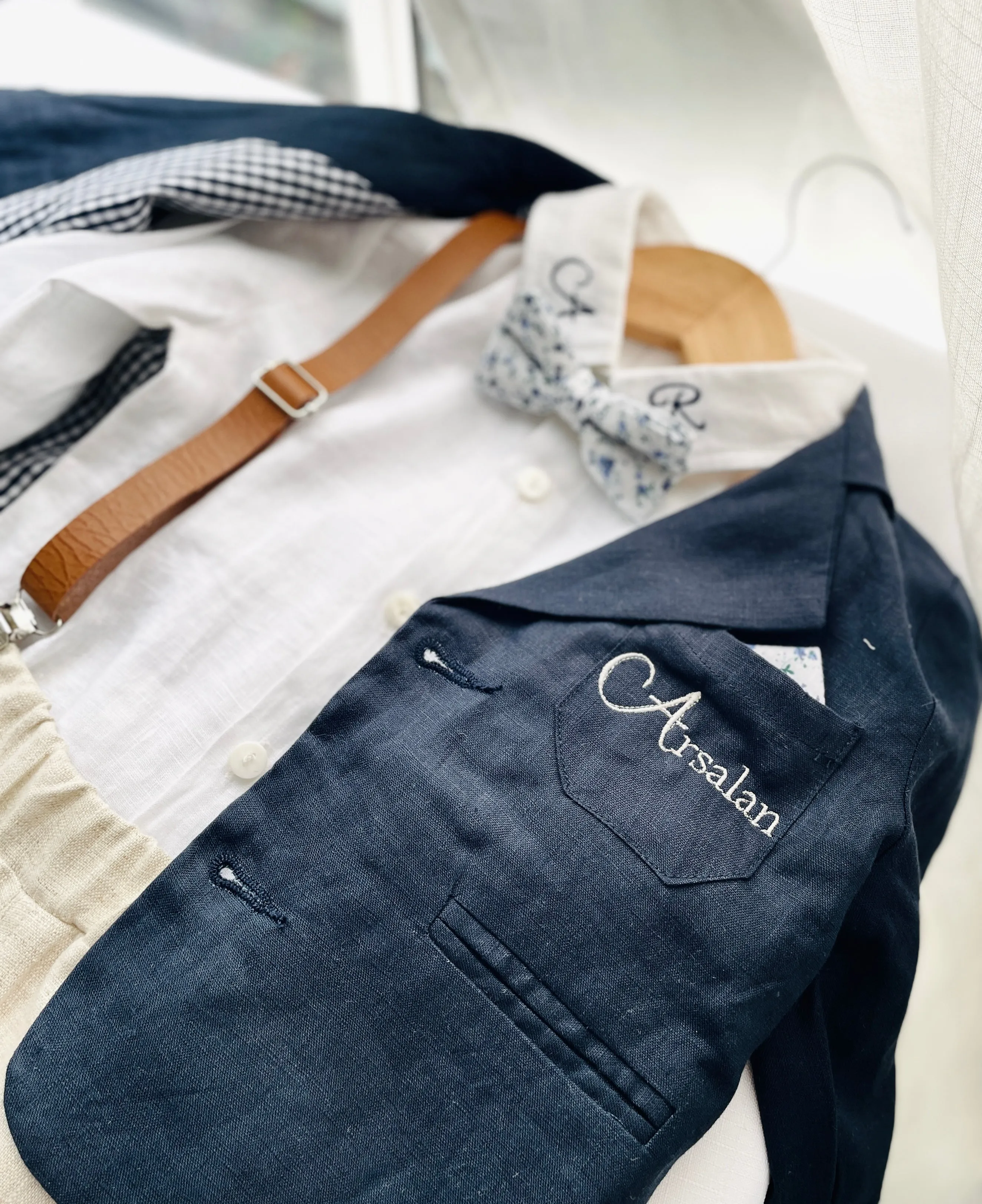 Navy blue and beige linen baby and toddler boys formal baptism or wedding suit with accessories and optional personalisation