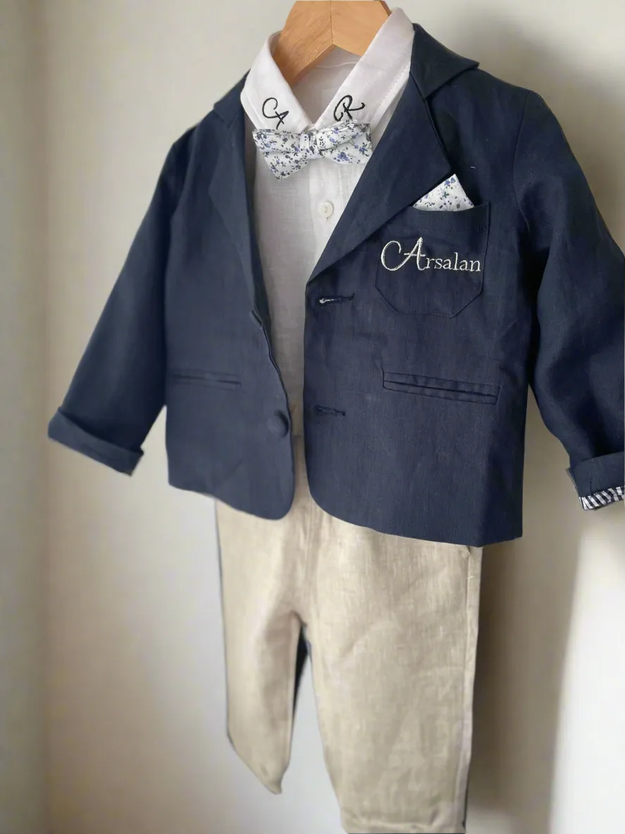 Navy blue and beige linen baby and toddler boys formal baptism or wedding suit with accessories and optional personalisation