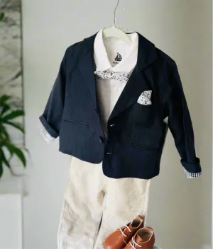Navy blue and beige linen baby and toddler boys formal baptism or wedding suit with accessories and optional personalisation