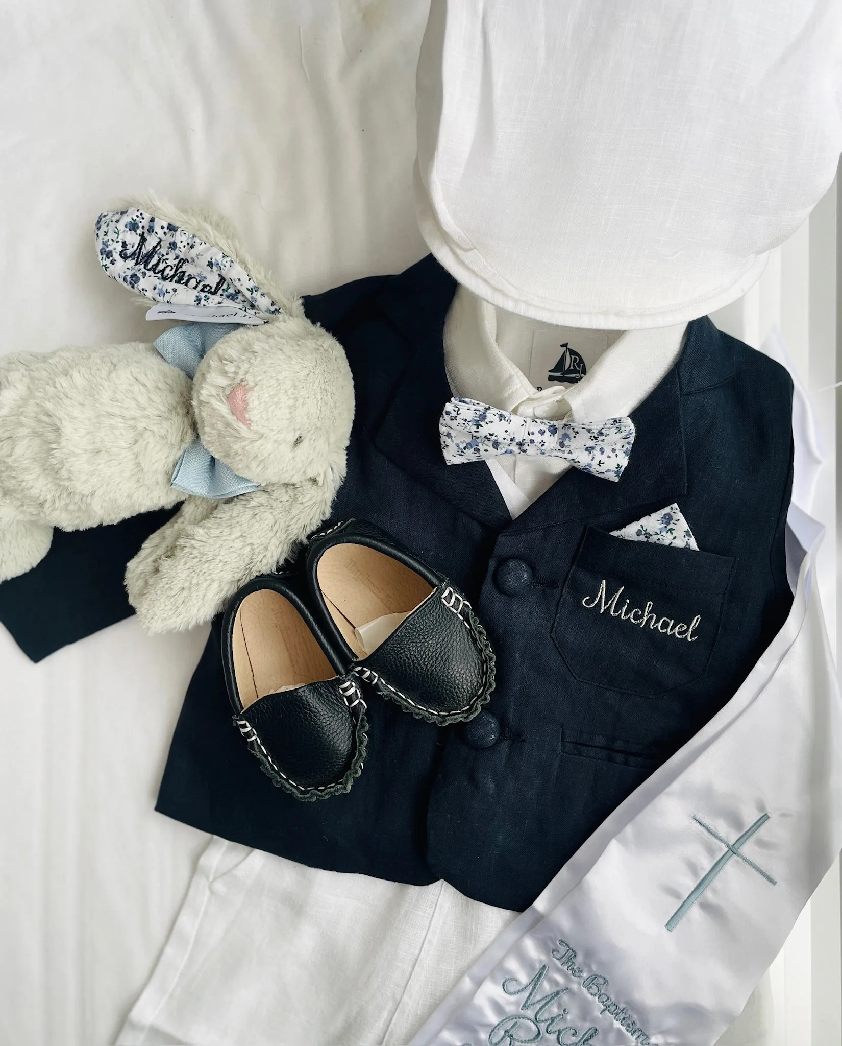 Navy blue and beige linen baby and toddler boys formal baptism or wedding suit with accessories and optional personalisation