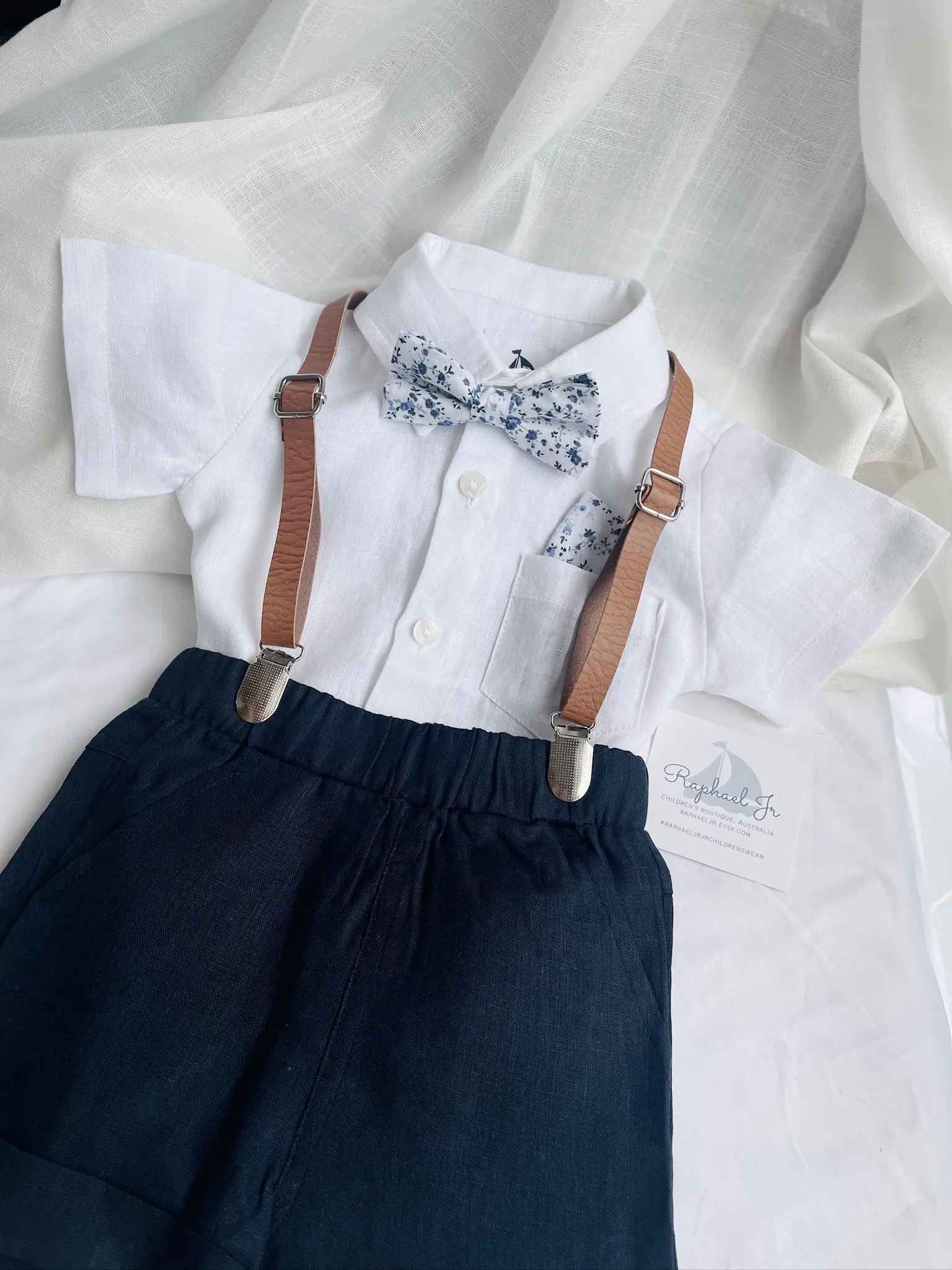 Navy blue and beige linen baby and toddler boys formal baptism or wedding suit with accessories and optional personalisation