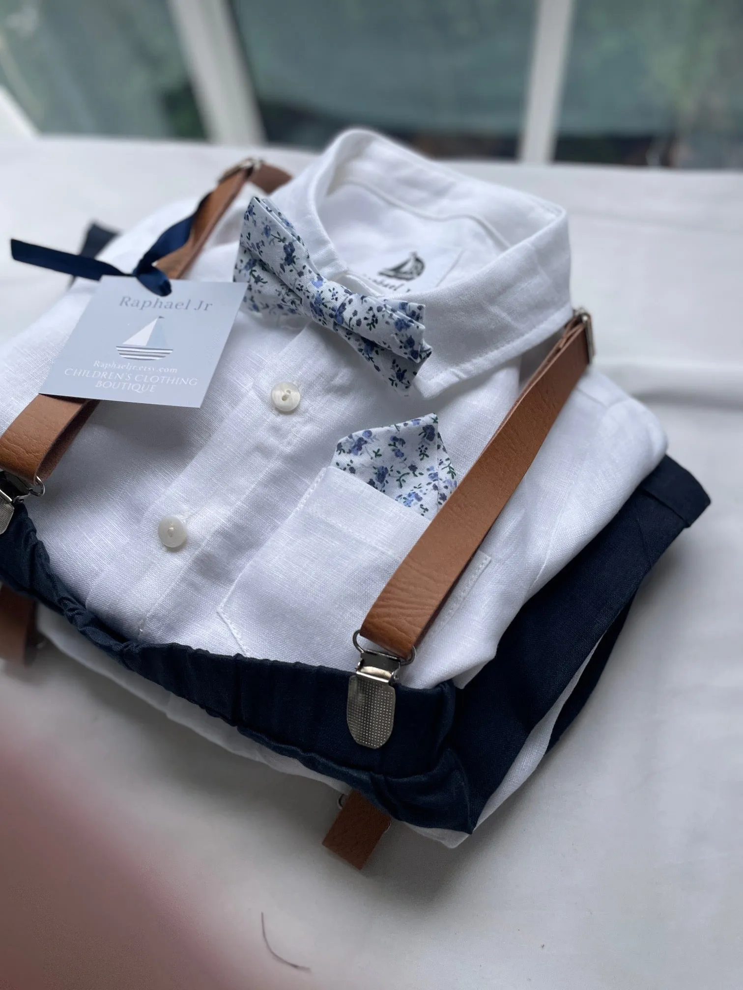 Navy blue and beige linen baby and toddler boys formal baptism or wedding suit with accessories and optional personalisation