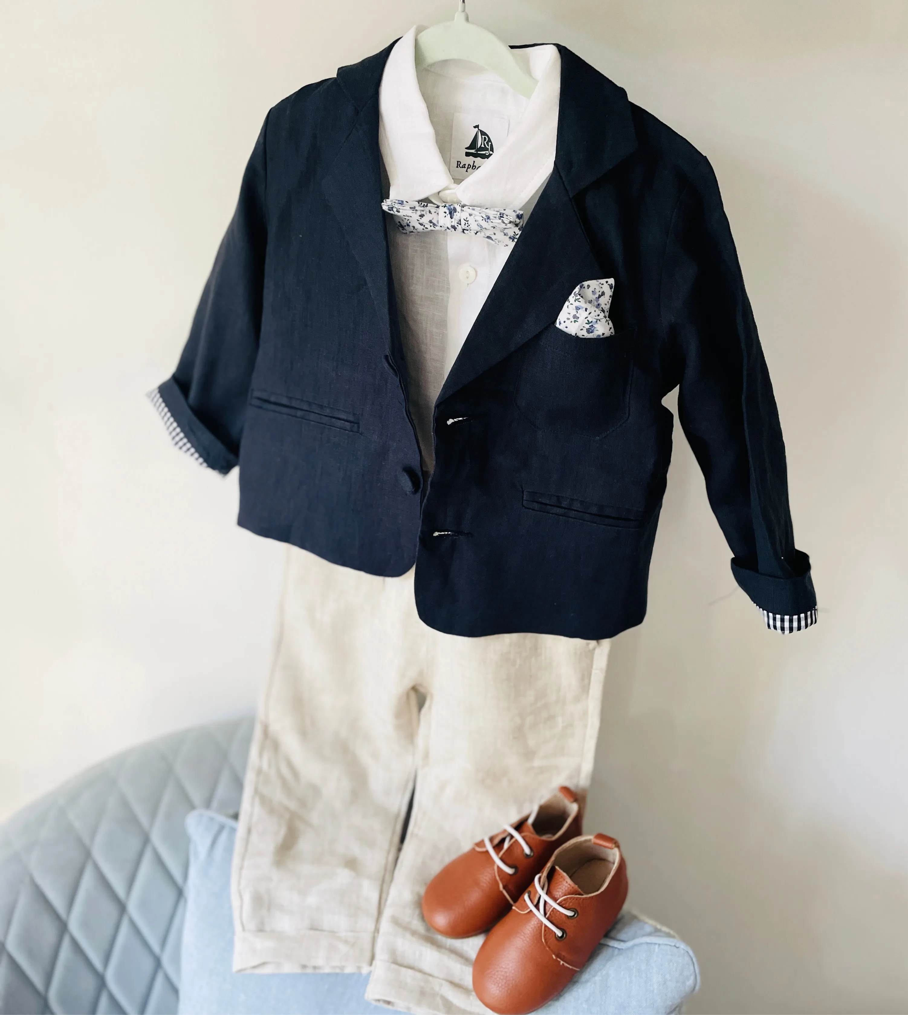 Navy blue and beige linen baby and toddler boys formal baptism or wedding suit with accessories and optional personalisation