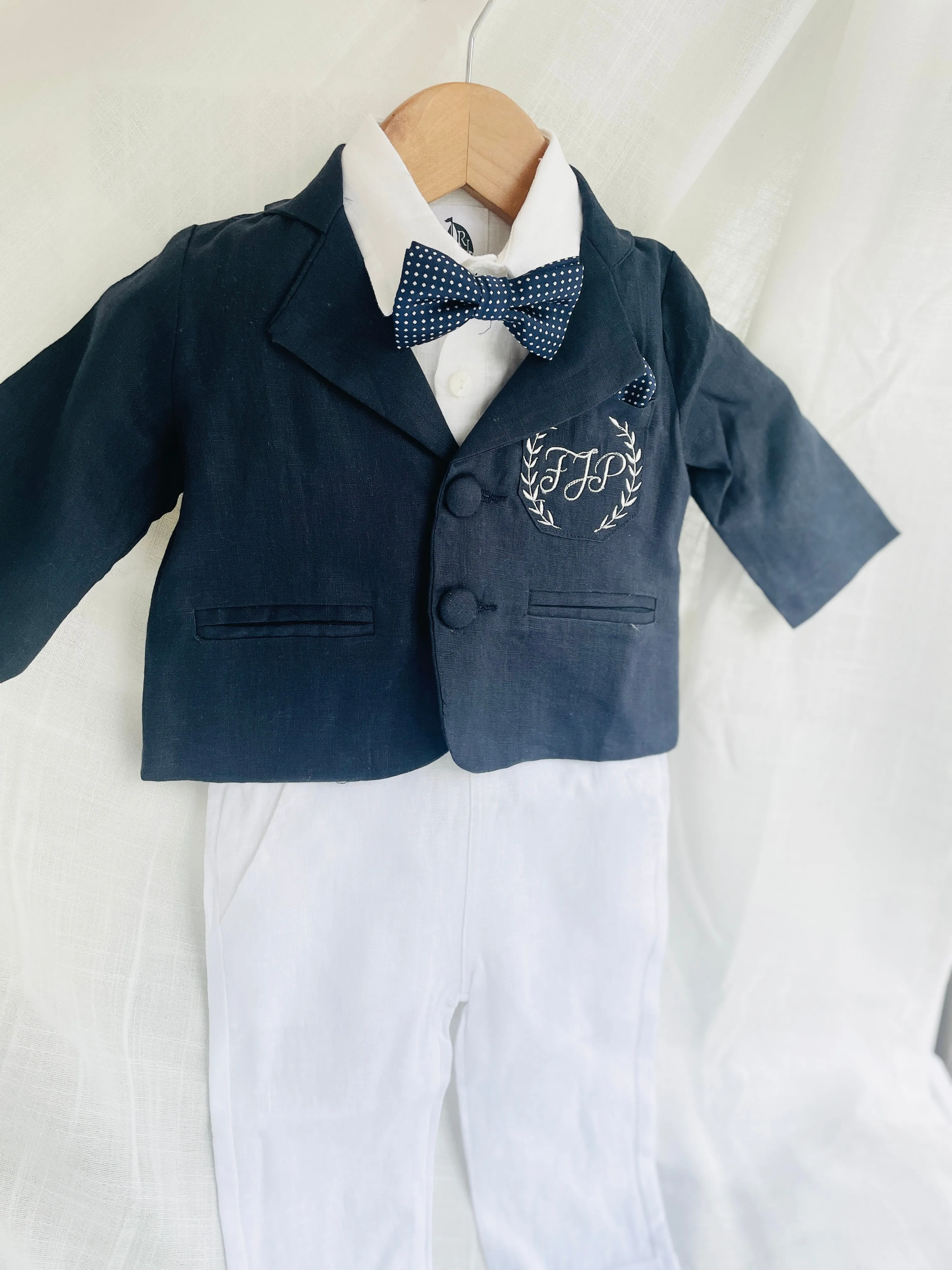 Navy blue and beige linen baby and toddler boys formal baptism or wedding suit with accessories and optional personalisation