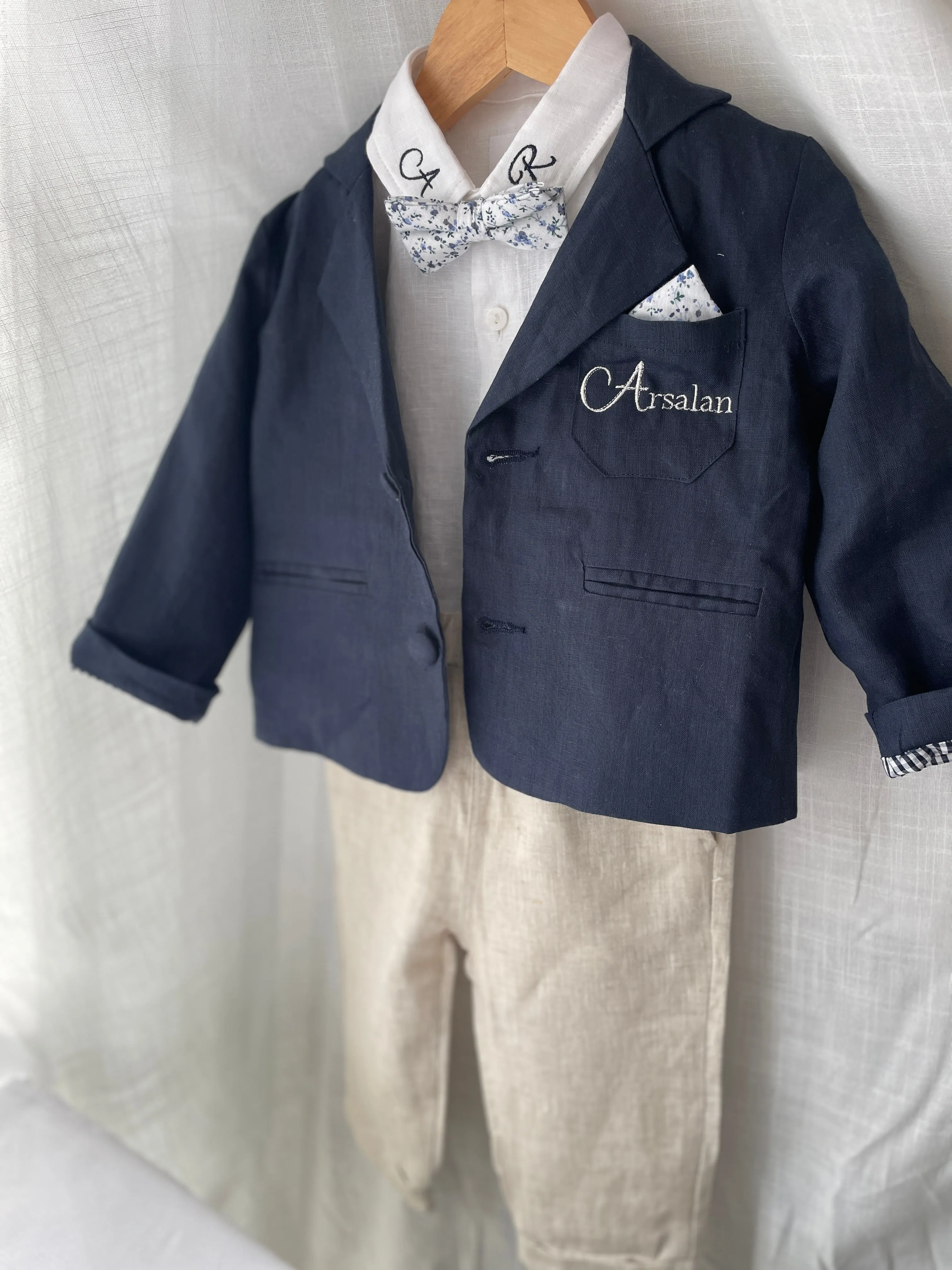 Navy blue and beige linen baby and toddler boys formal baptism or wedding suit with accessories and optional personalisation