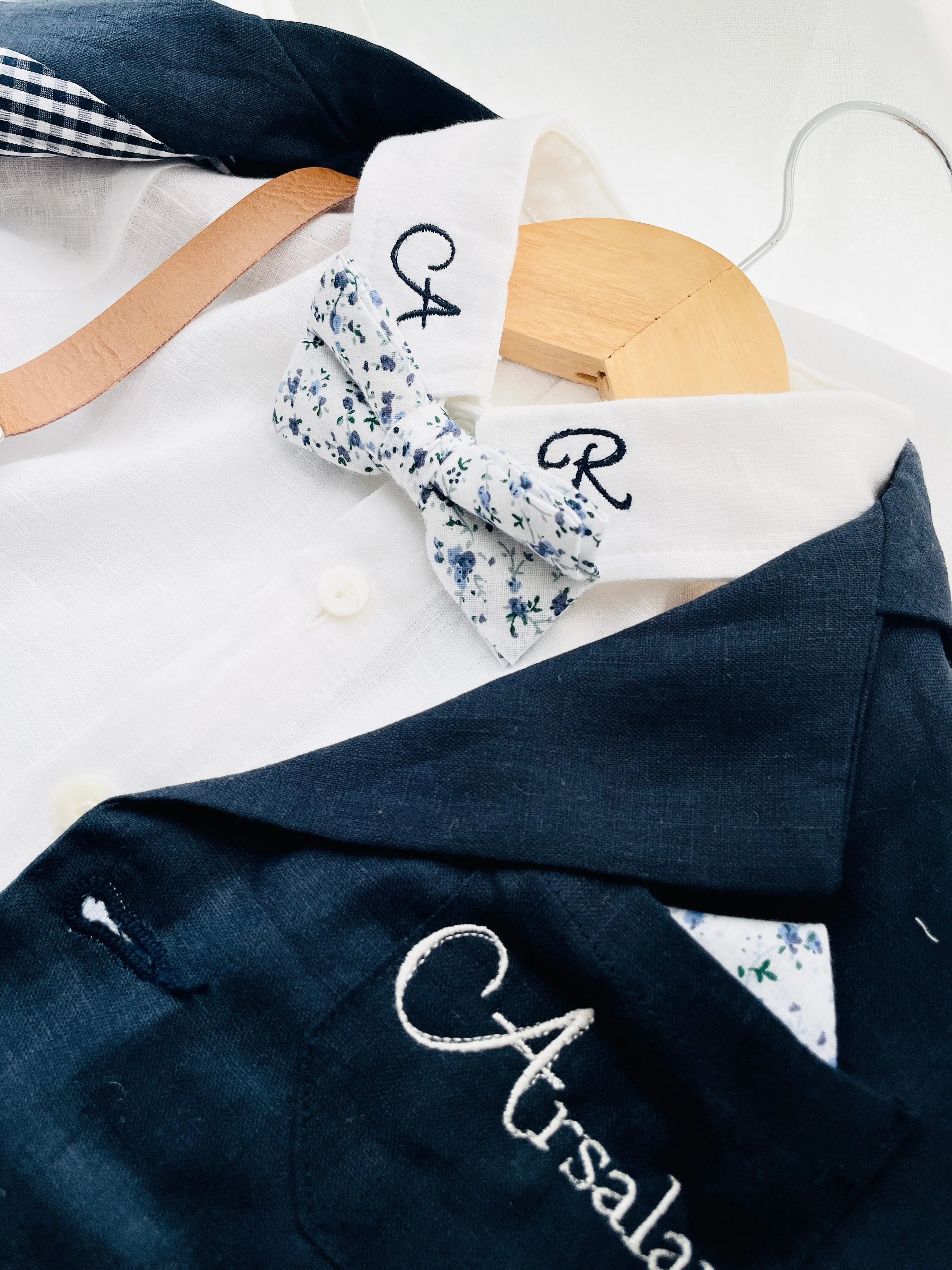 Navy blue and beige linen baby and toddler boys formal baptism or wedding suit with accessories and optional personalisation