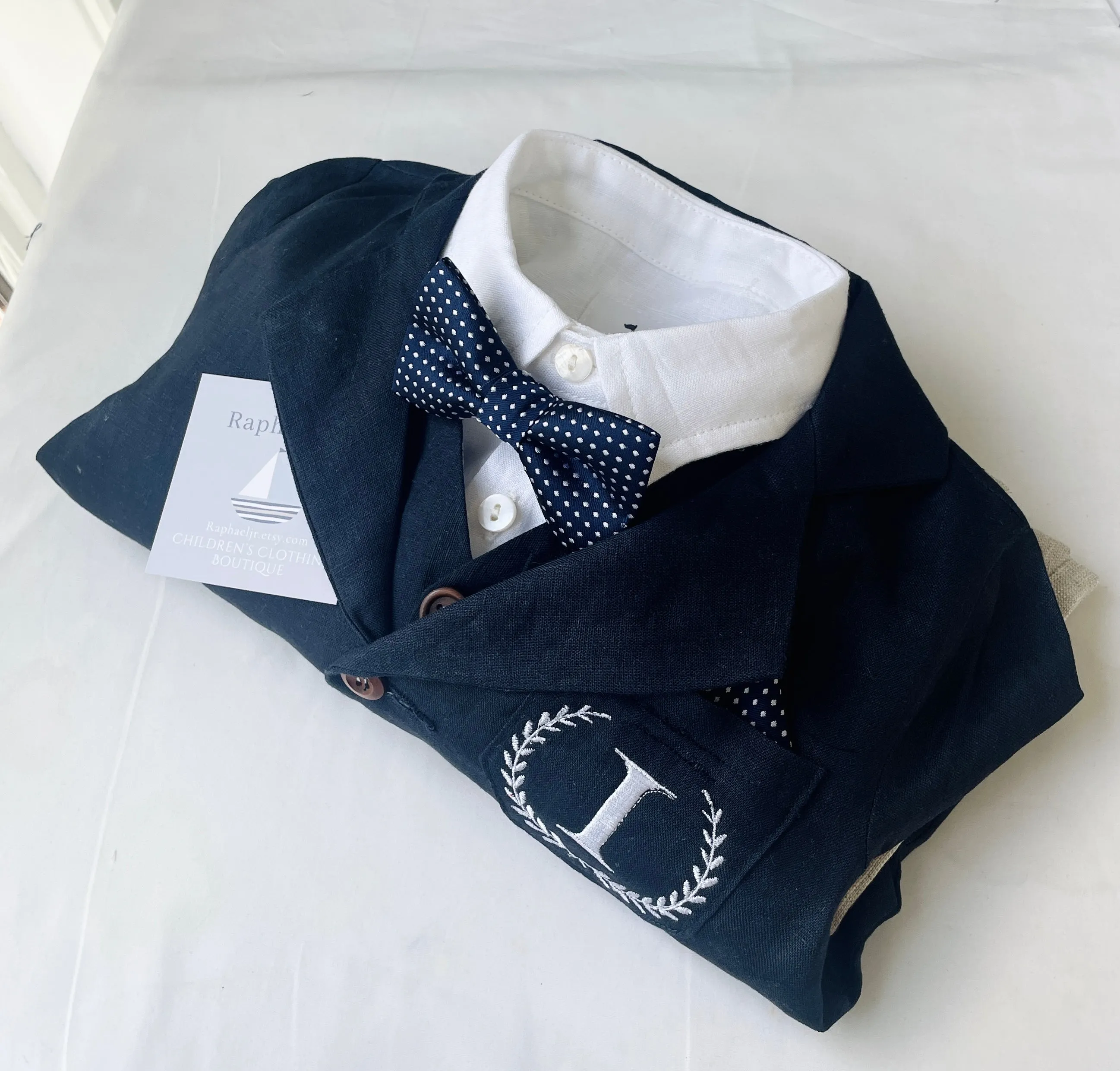 Navy blue and beige linen baby and toddler boys formal baptism or wedding suit with accessories and optional personalisation