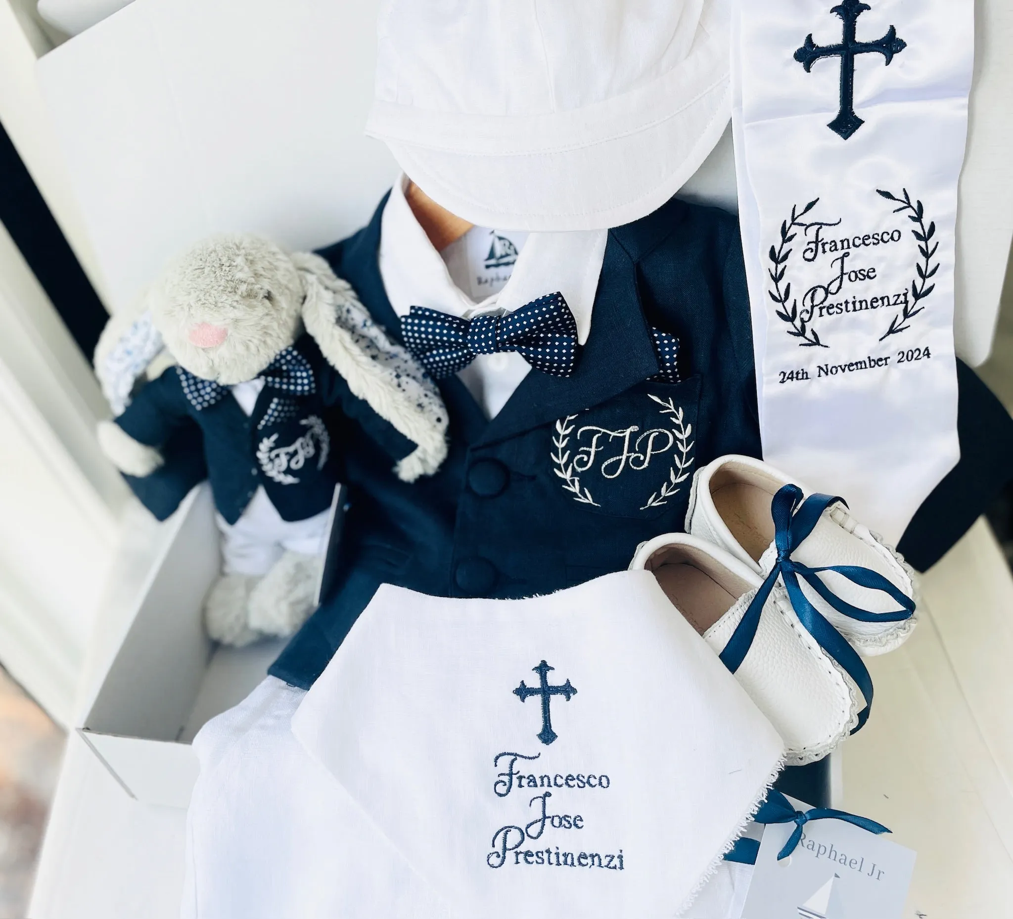 Navy blue and beige linen baby and toddler boys formal baptism or wedding suit with accessories and optional personalisation
