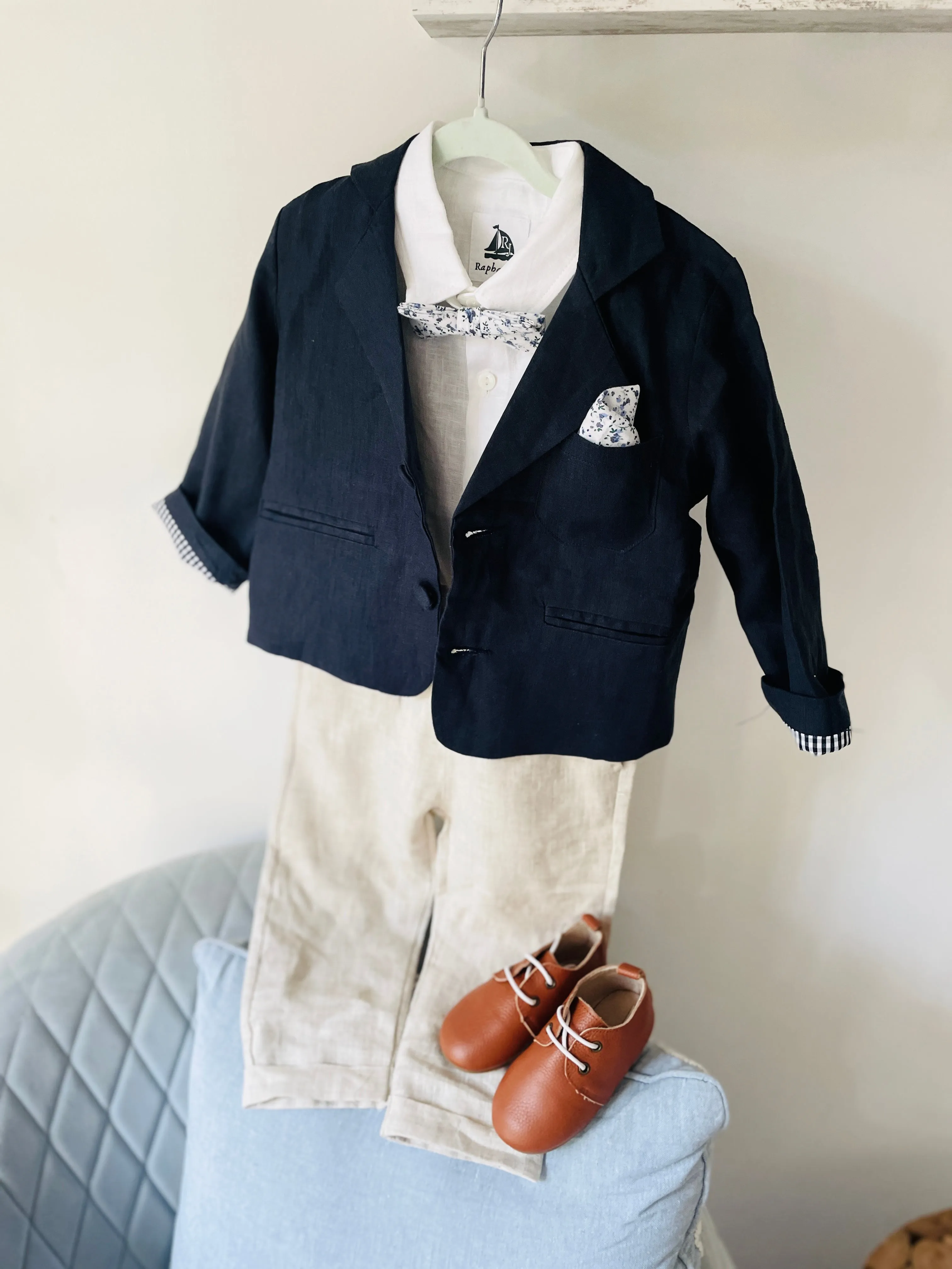 Navy blue and beige linen baby and toddler boys formal baptism or wedding suit with accessories and optional personalisation