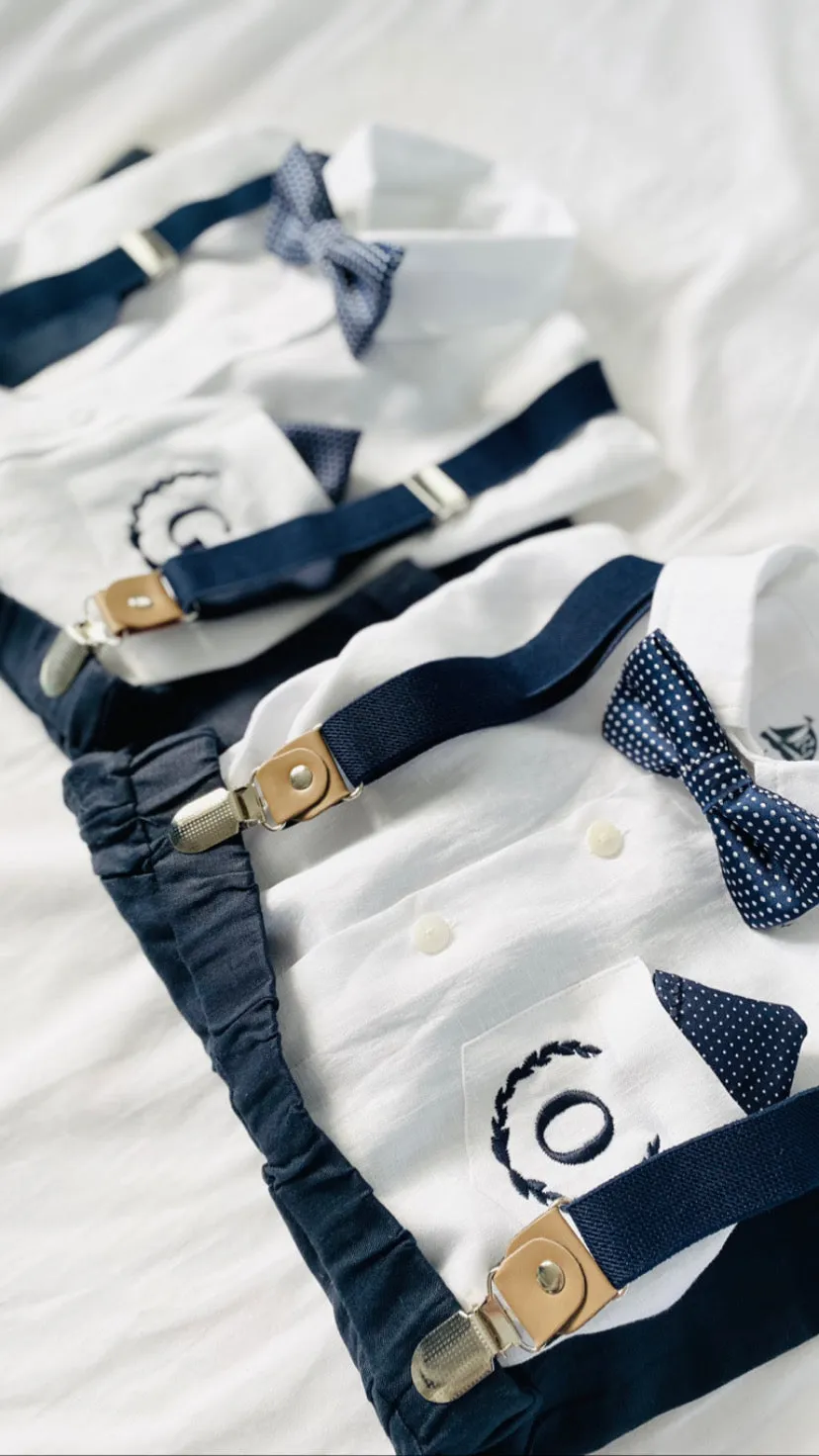 Navy blue and beige linen baby and toddler boys formal baptism or wedding suit with accessories and optional personalisation