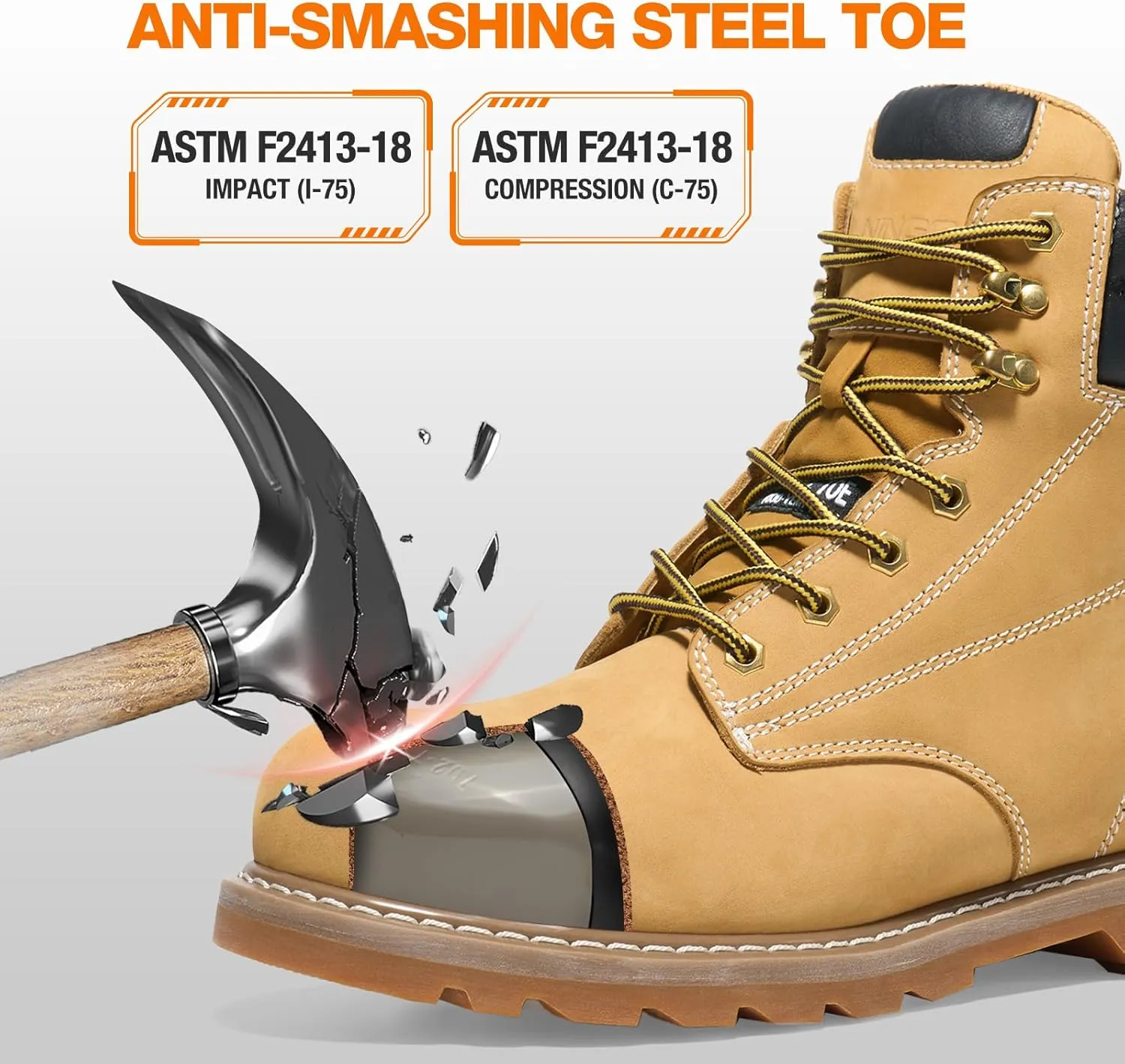 NINGO Steel Toe Work Boots for Men, Waterproof Comfortable Leather Industrial & Construction Boots, Oil & Slip Resistance Safety Shoes with EH Protection, for Outdoor Factories Warehouses Farms