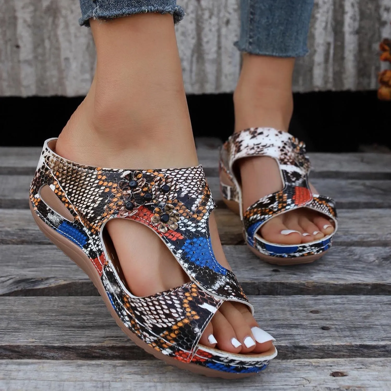 oiangi Orthopedic Sandals for Women with Arch Support Dressy Summer Comfortable Wedge Fish Mouth Peep Toe Slip on Platform Slipper Flower Hollow Beach Shoes