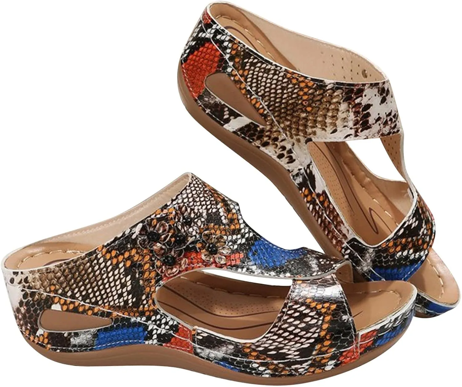 oiangi Orthopedic Sandals for Women with Arch Support Dressy Summer Comfortable Wedge Fish Mouth Peep Toe Slip on Platform Slipper Flower Hollow Beach Shoes