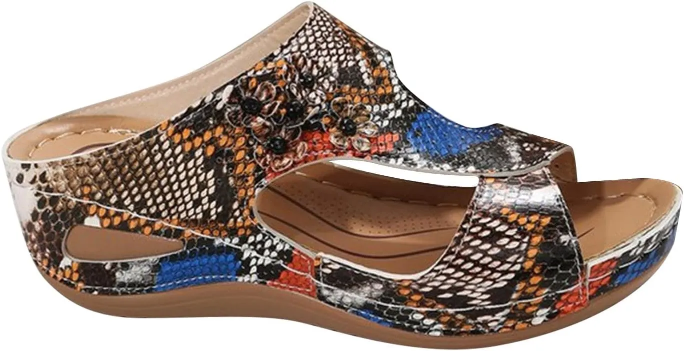 oiangi Orthopedic Sandals for Women with Arch Support Dressy Summer Comfortable Wedge Fish Mouth Peep Toe Slip on Platform Slipper Flower Hollow Beach Shoes