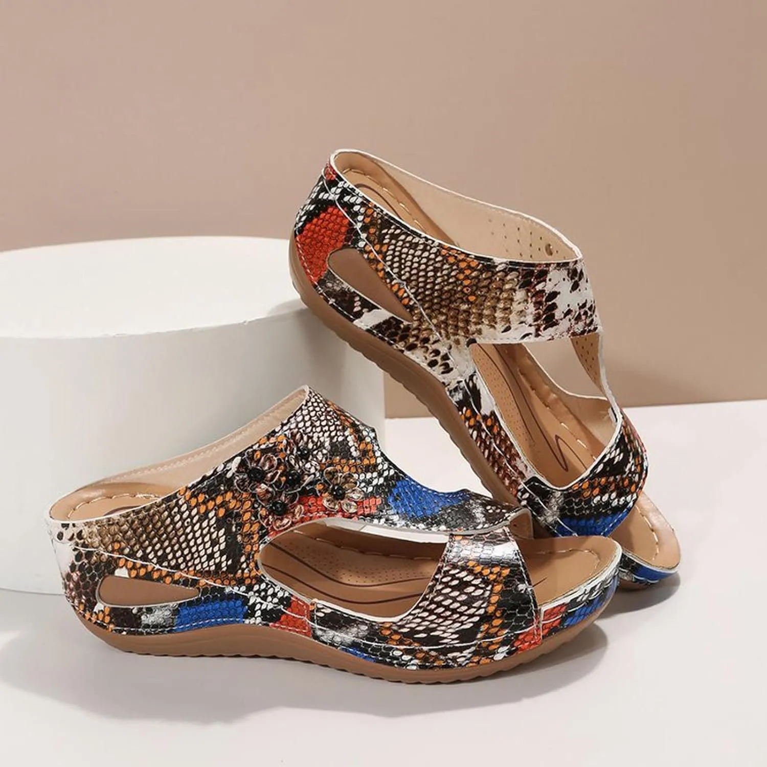 oiangi Orthopedic Sandals for Women with Arch Support Dressy Summer Comfortable Wedge Fish Mouth Peep Toe Slip on Platform Slipper Flower Hollow Beach Shoes
