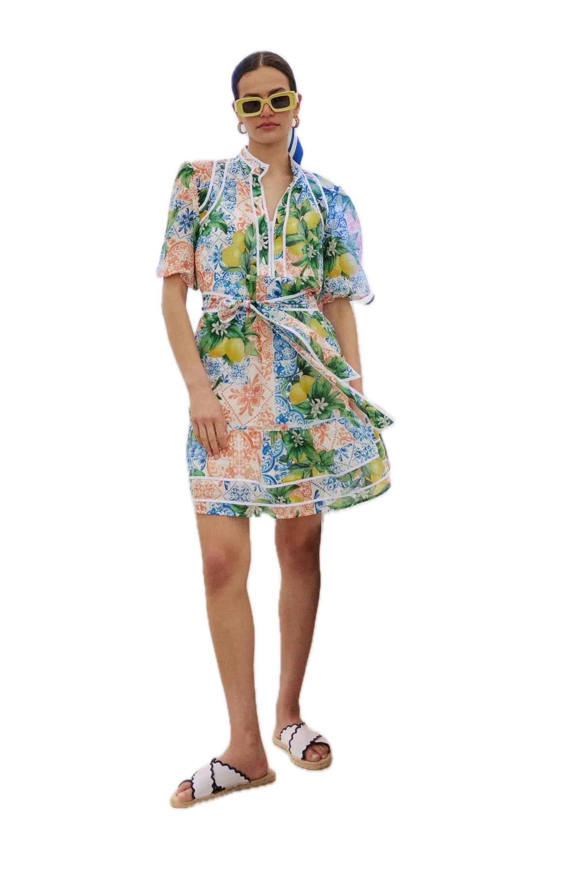 Once Was LUCIA Limonata Print Cotton Silk Summer Dress with Puff Sleeves