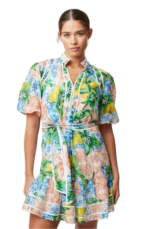 Once Was LUCIA Limonata Print Cotton Silk Summer Dress with Puff Sleeves