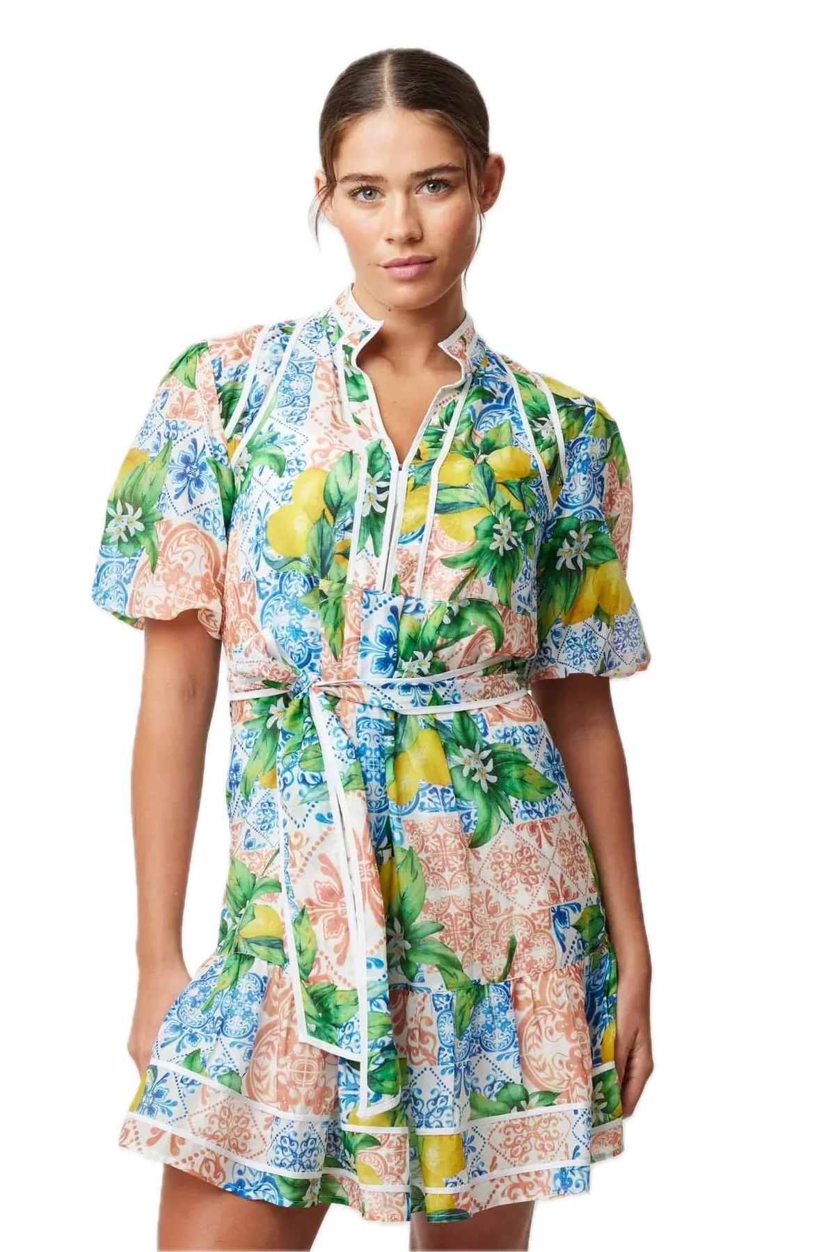 Once Was LUCIA Limonata Print Cotton Silk Summer Dress with Puff Sleeves