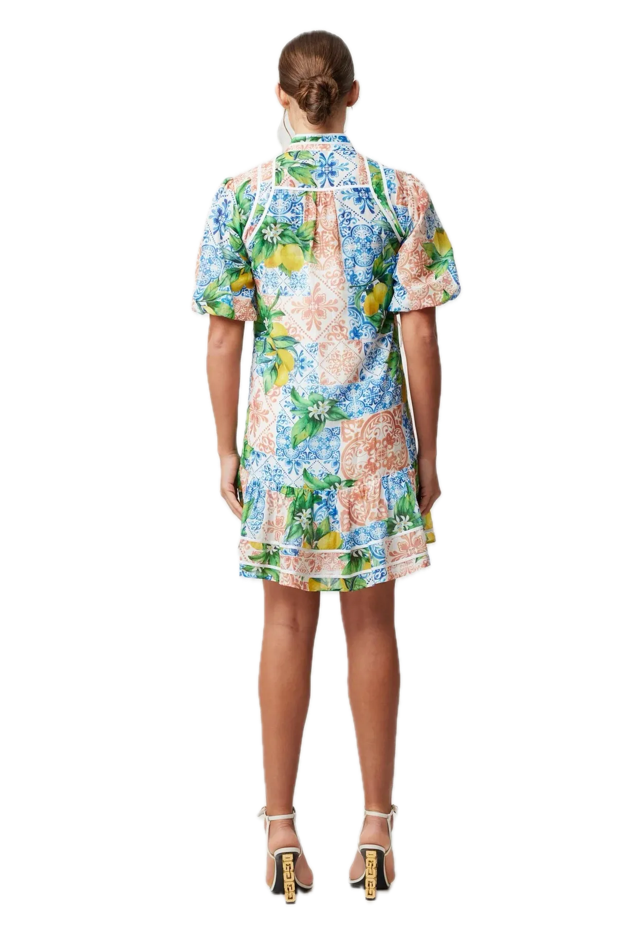 Once Was LUCIA Limonata Print Cotton Silk Summer Dress with Puff Sleeves