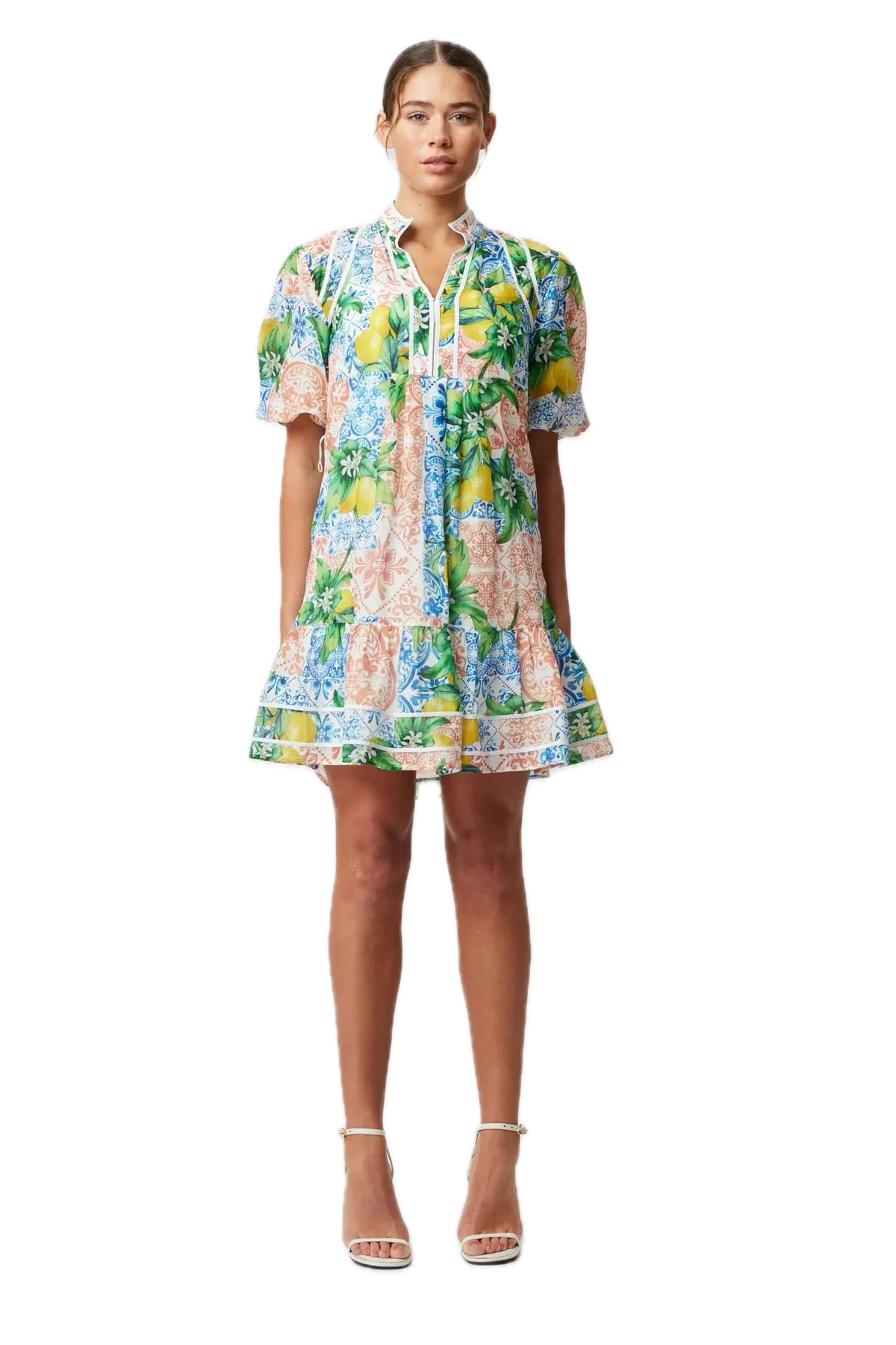 Once Was LUCIA Limonata Print Cotton Silk Summer Dress with Puff Sleeves