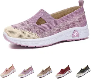 Orthowalkway Womens Shoes, Outdoor Women's Comfortable Breathable Knitted Orthopedic Walking Shoes, Orthopedic Slip-On Leisure Flat Soft Shoes
