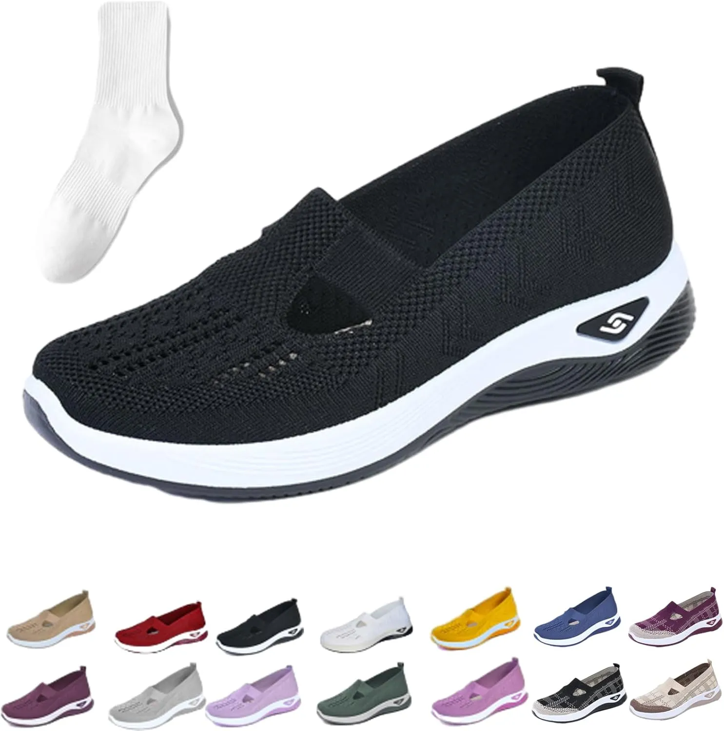 Orthowalkway Womens Shoes, Women's Comfortable Breathable Knitted Orthopedic Sneakers, Slip On Casual Flat Soft Shoes
