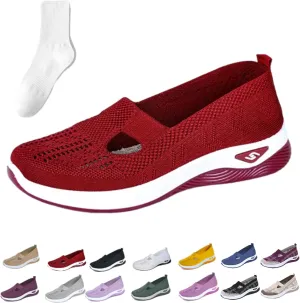 Orthowalkway Womens Shoes, Women's Comfortable Breathable Knitted Orthopedic Sneakers, Slip On Casual Flat Soft Shoes