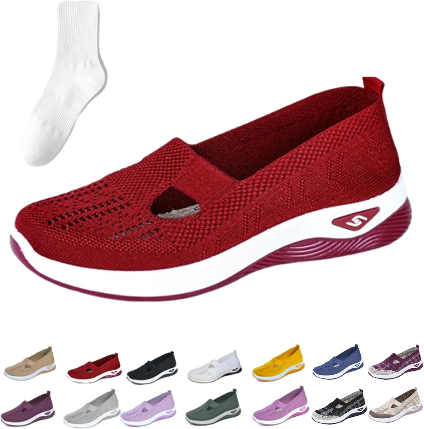 Orthowalkway Womens Shoes, Women's Comfortable Breathable Knitted Orthopedic Sneakers, Slip On Casual Flat Soft Shoes