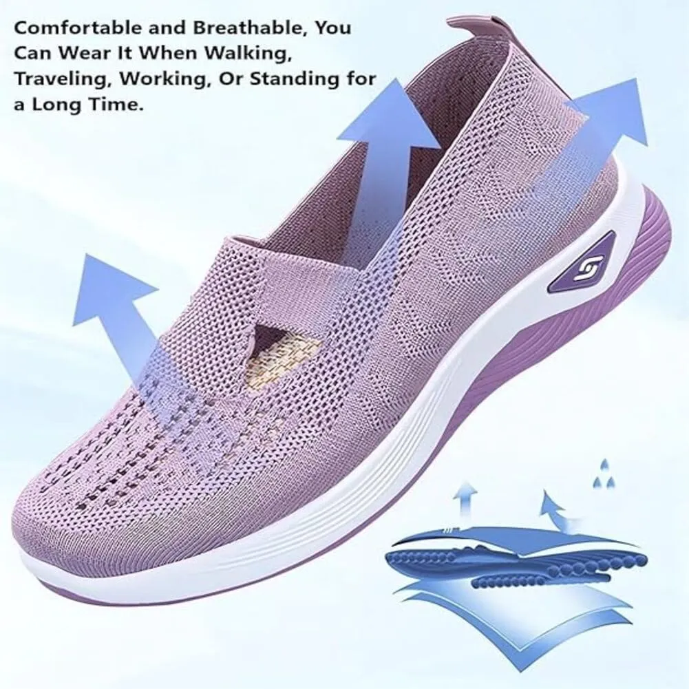 Orthowalkway Womens Shoes, Women's Comfortable Breathable Knitted Orthopedic Sneakers, Slip On Casual Flat Soft Shoes