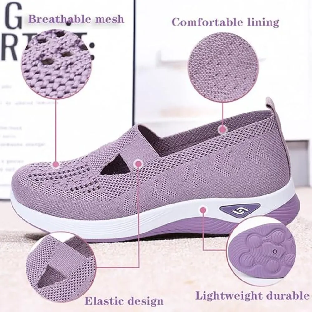 Orthowalkway Womens Shoes, Women's Comfortable Breathable Knitted Orthopedic Sneakers, Slip On Casual Flat Soft Shoes