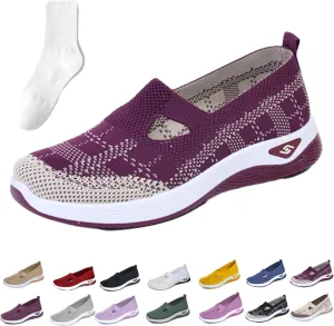 Orthowalkway Womens Shoes, Women's Comfortable Breathable Knitted Orthopedic Sneakers, Slip On Casual Flat Soft Shoes