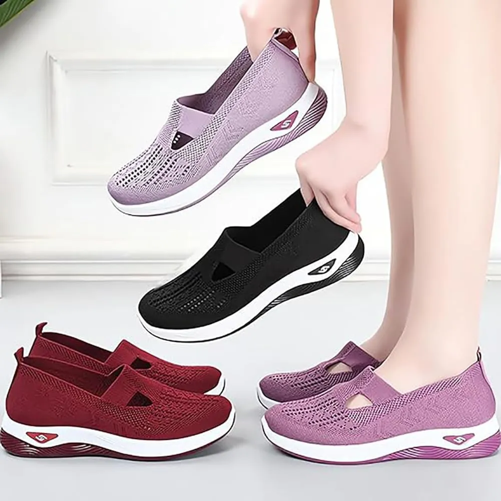 Orthowalkway Womens Shoes, Women's Comfortable Breathable Knitted Orthopedic Sneakers, Slip On Casual Flat Soft Shoes