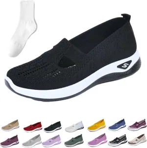 Orthowalkway Womens Shoes, Women's Comfortable Breathable Knitted Orthopedic Sneakers, Slip On Casual Flat Soft Shoes