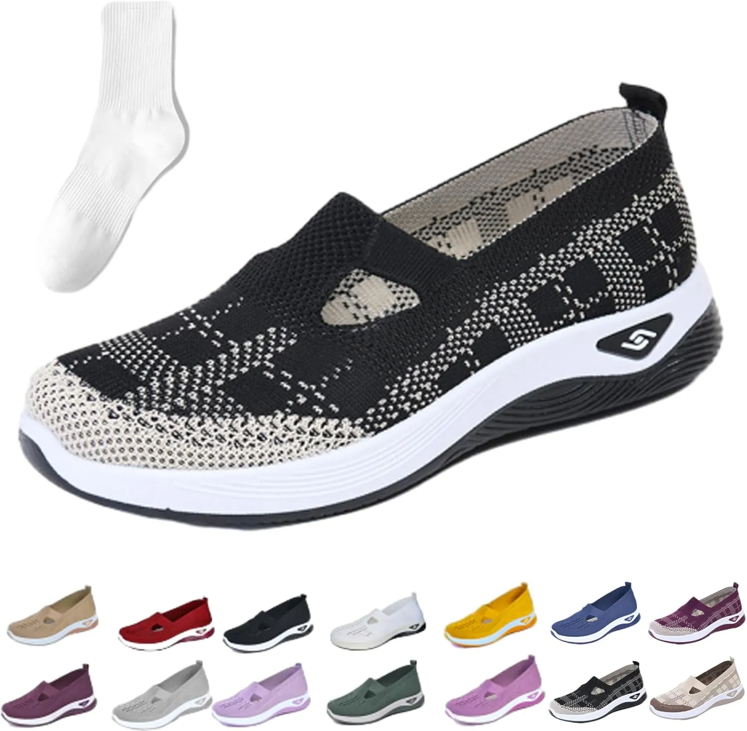 Orthowalkway Womens Shoes, Women's Comfortable Breathable Knitted Orthopedic Sneakers, Slip On Casual Flat Soft Shoes