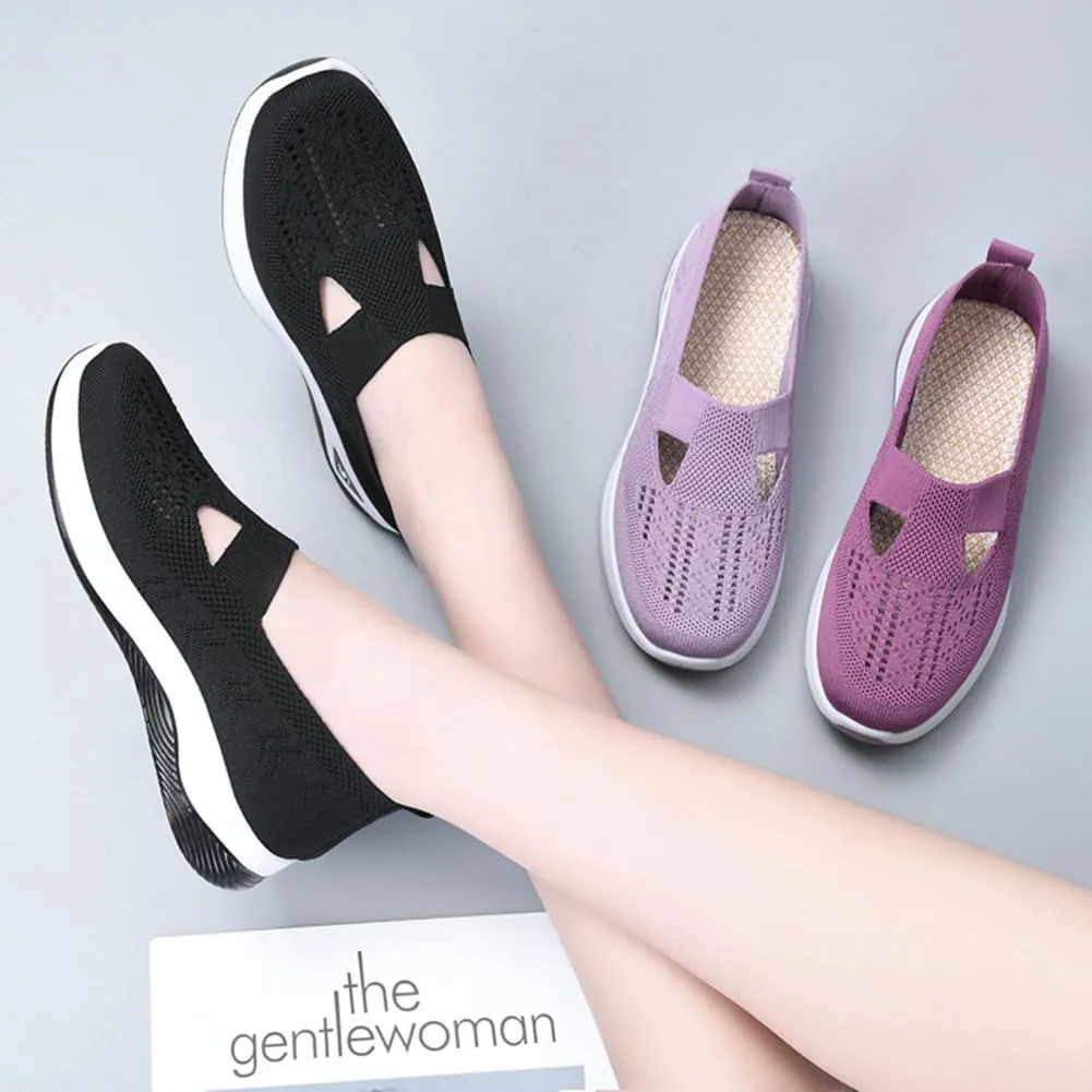 Orthowalkway Womens Shoes, Women's Comfortable Breathable Knitted Orthopedic Sneakers, Slip On Casual Flat Soft Shoes