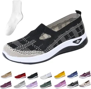 Orthowalkway Womens Shoes, Women's Comfortable Breathable Knitted Orthopedic Sneakers, Slip On Casual Flat Soft Shoes