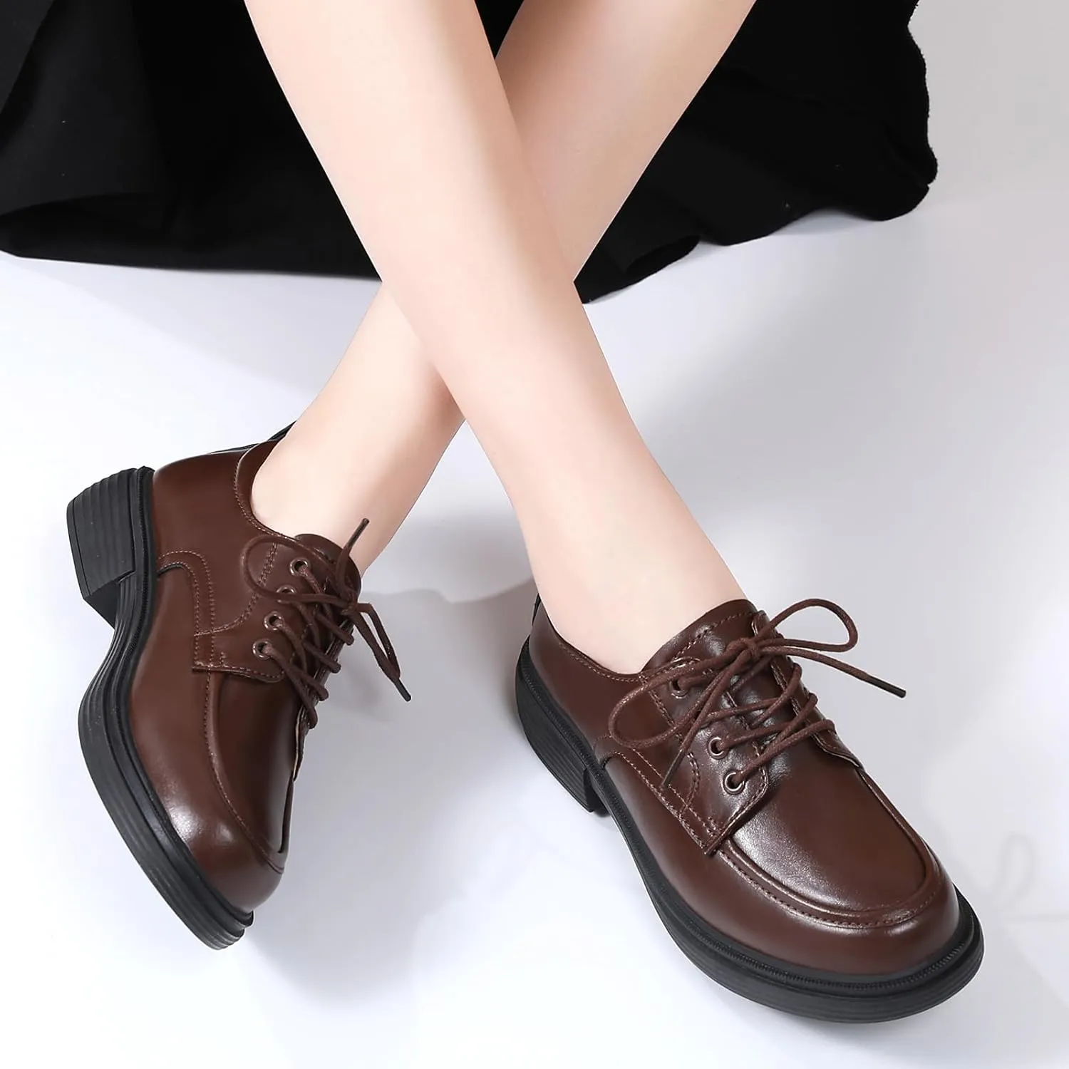 Oxford Shoes for Women Womens Oxford Shoes Lace-Up Round Toe Leather Flat Non-Slip Fashion Classic Business Casual Comfortable Dressy Office Work Ladies Shoes