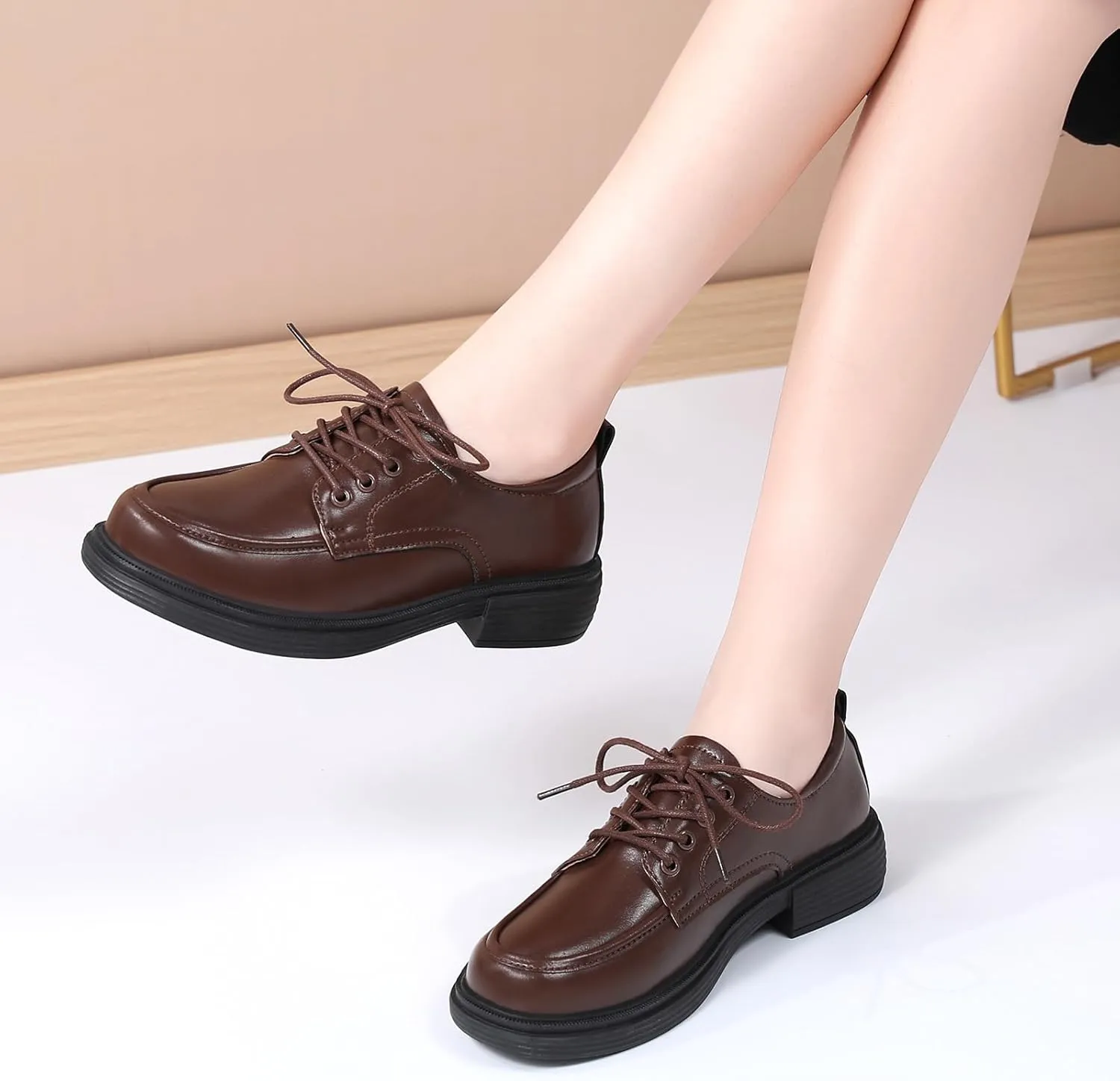 Oxford Shoes for Women Womens Oxford Shoes Lace-Up Round Toe Leather Flat Non-Slip Fashion Classic Business Casual Comfortable Dressy Office Work Ladies Shoes