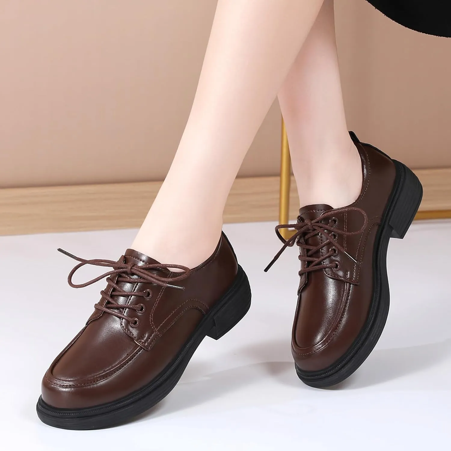 Oxford Shoes for Women Womens Oxford Shoes Lace-Up Round Toe Leather Flat Non-Slip Fashion Classic Business Casual Comfortable Dressy Office Work Ladies Shoes