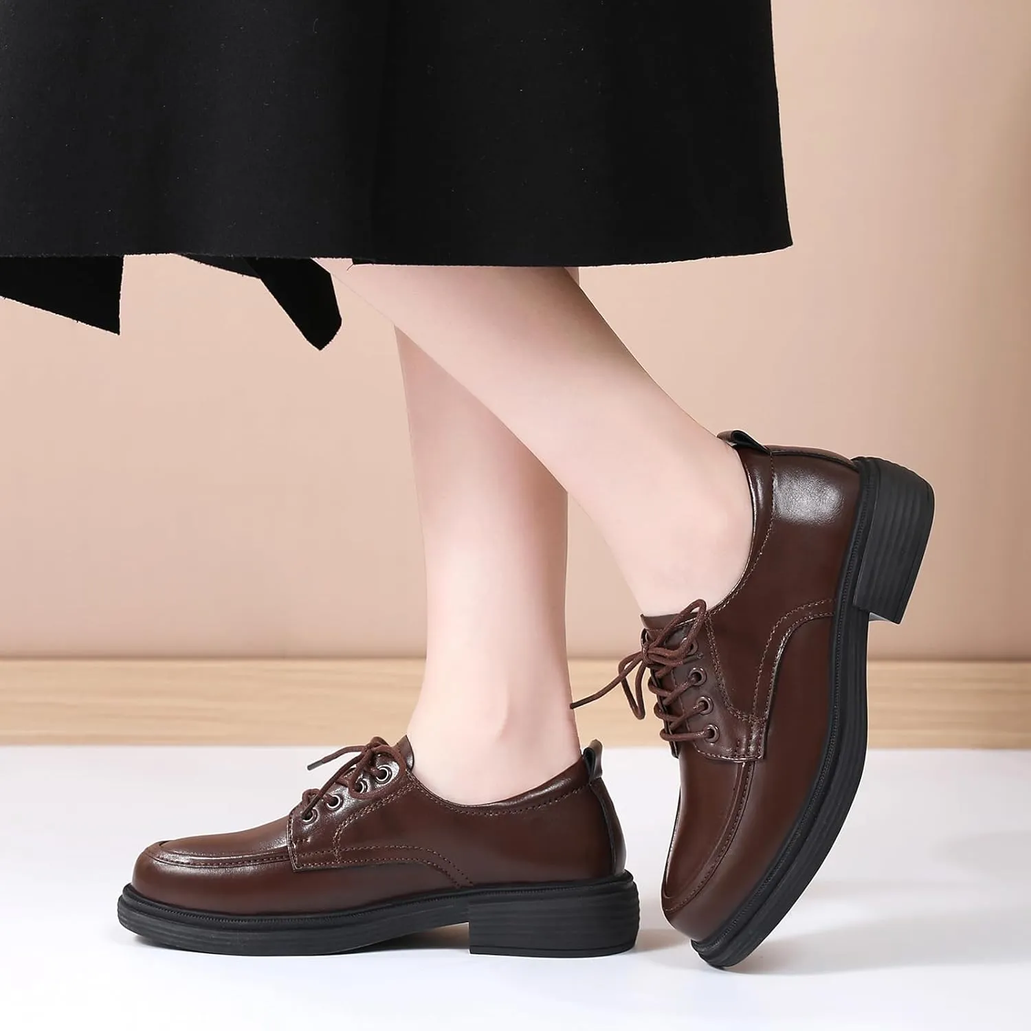 Oxford Shoes for Women Womens Oxford Shoes Lace-Up Round Toe Leather Flat Non-Slip Fashion Classic Business Casual Comfortable Dressy Office Work Ladies Shoes