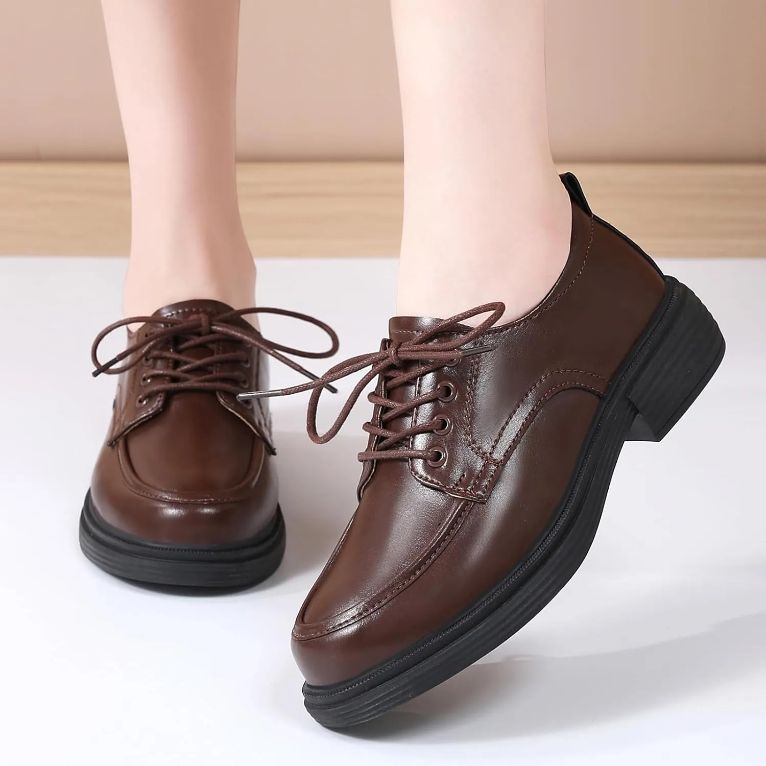 Oxford Shoes for Women Womens Oxford Shoes Lace-Up Round Toe Leather Flat Non-Slip Fashion Classic Business Casual Comfortable Dressy Office Work Ladies Shoes
