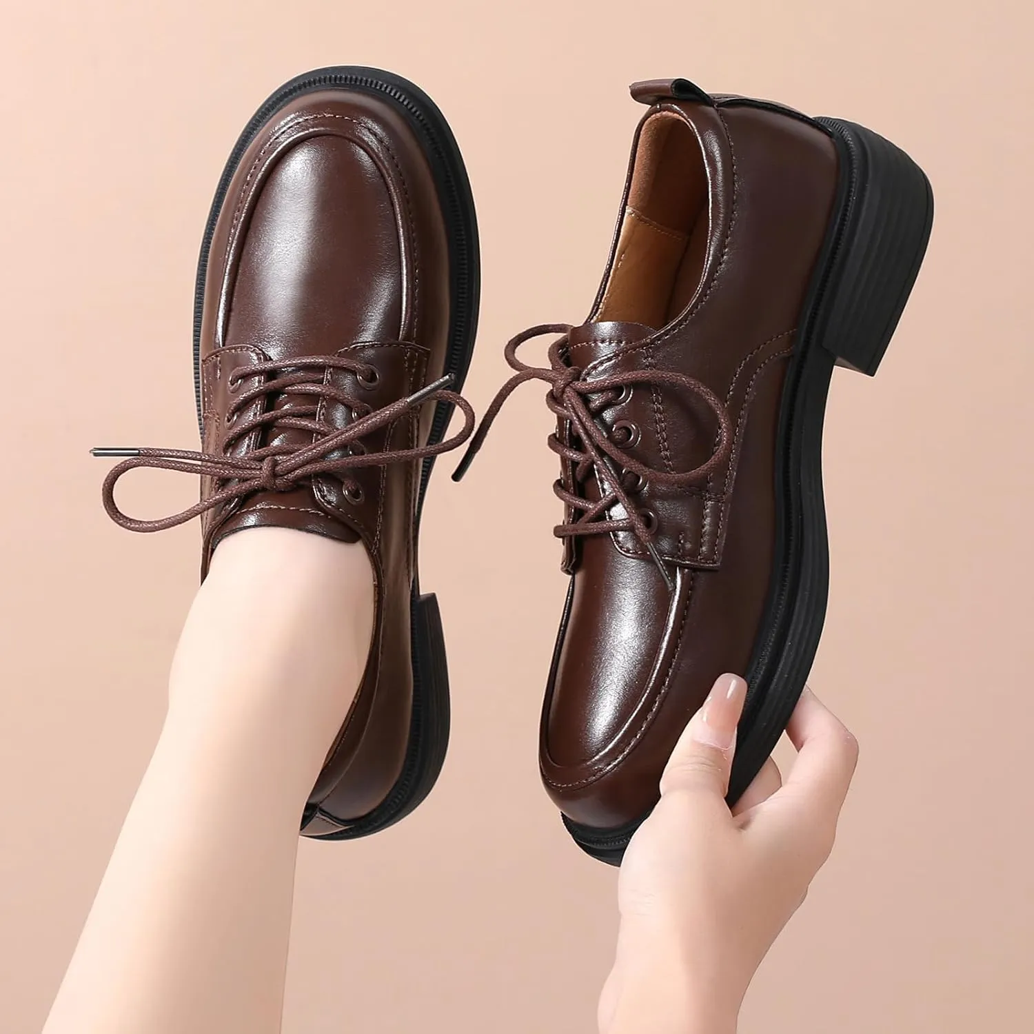 Oxford Shoes for Women Womens Oxford Shoes Lace-Up Round Toe Leather Flat Non-Slip Fashion Classic Business Casual Comfortable Dressy Office Work Ladies Shoes