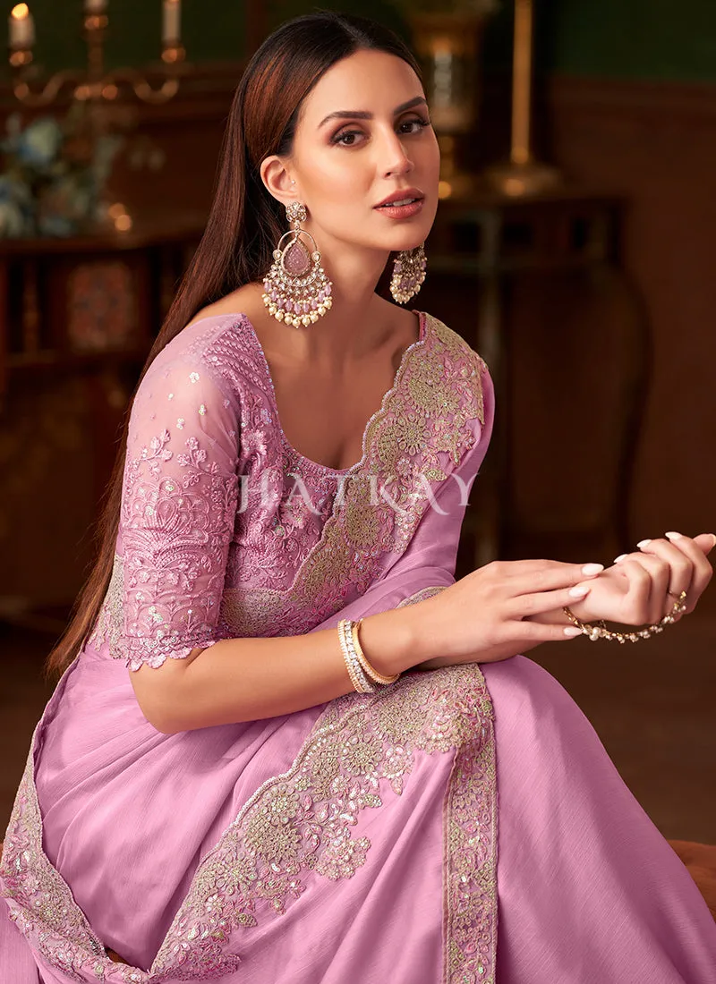 Pink Golden Embroidery Designer Saree